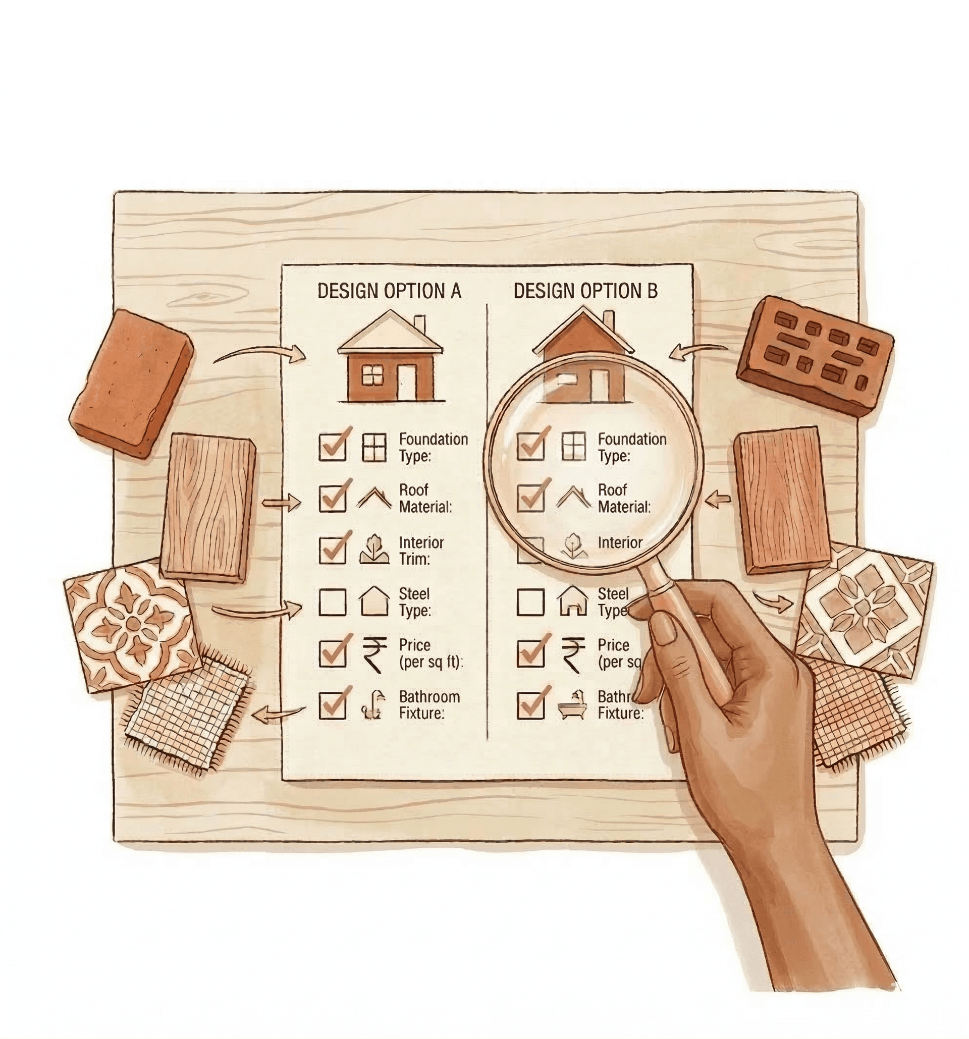 Magnifying glass examining a comparison chart of house specifications