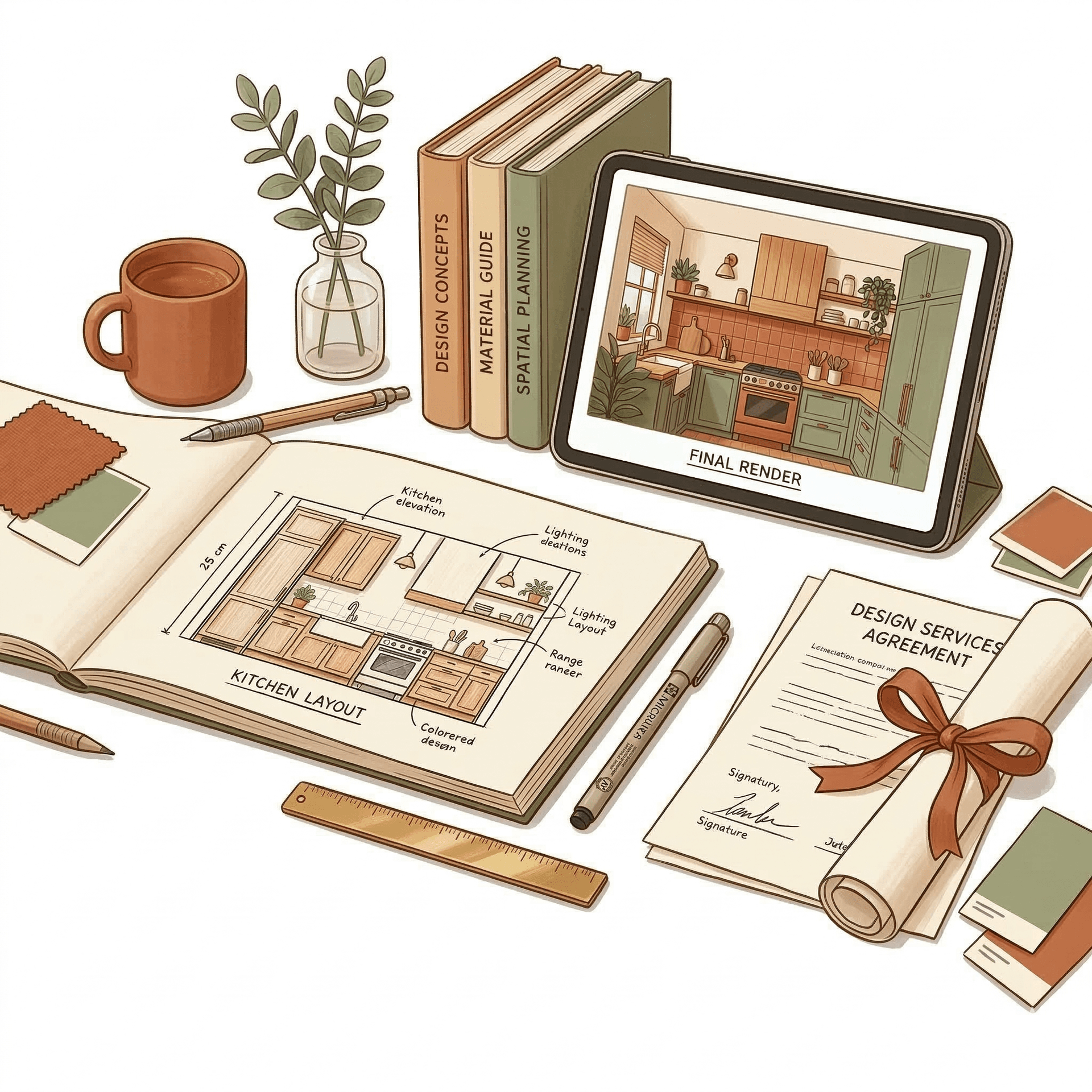 Interior design drawings and 3D renders spread on a desk with a signed contract