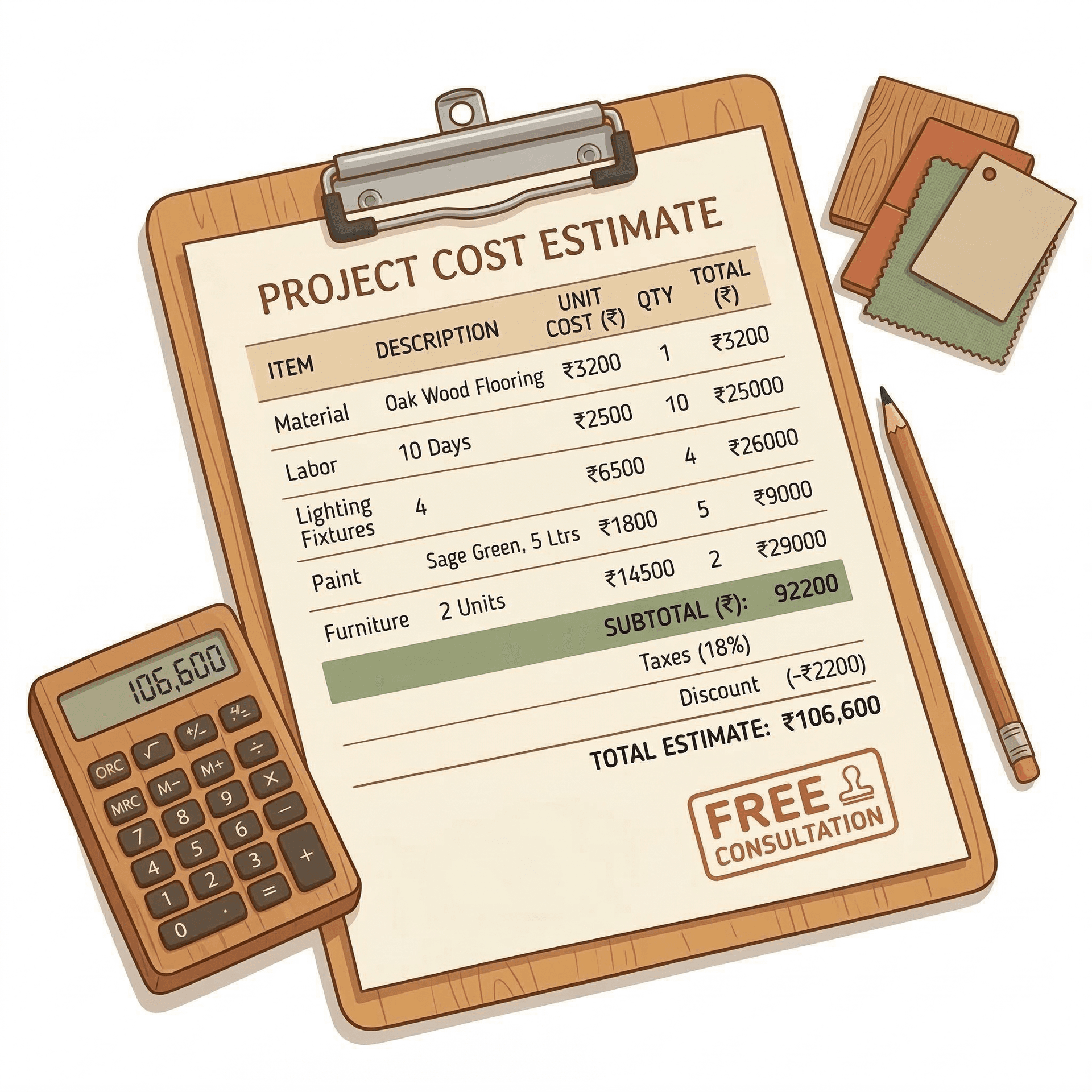 Detailed construction cost estimate document with material pricing breakdown