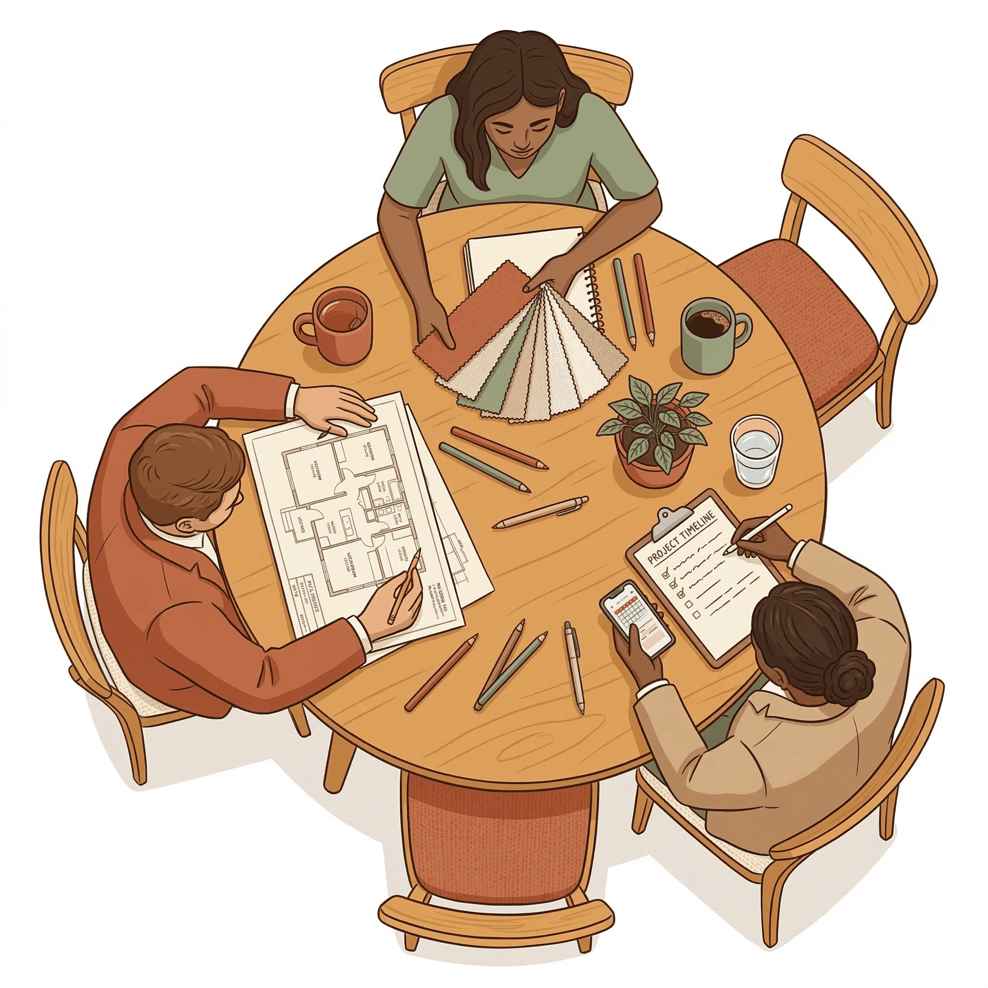 In-house architects, designers, and project coordinators collaborating over construction blueprints