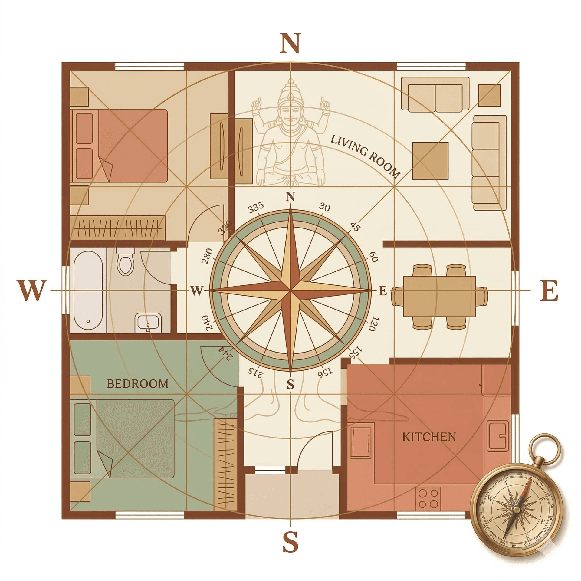 House floor plan with Vastu compass overlay showing directional alignment