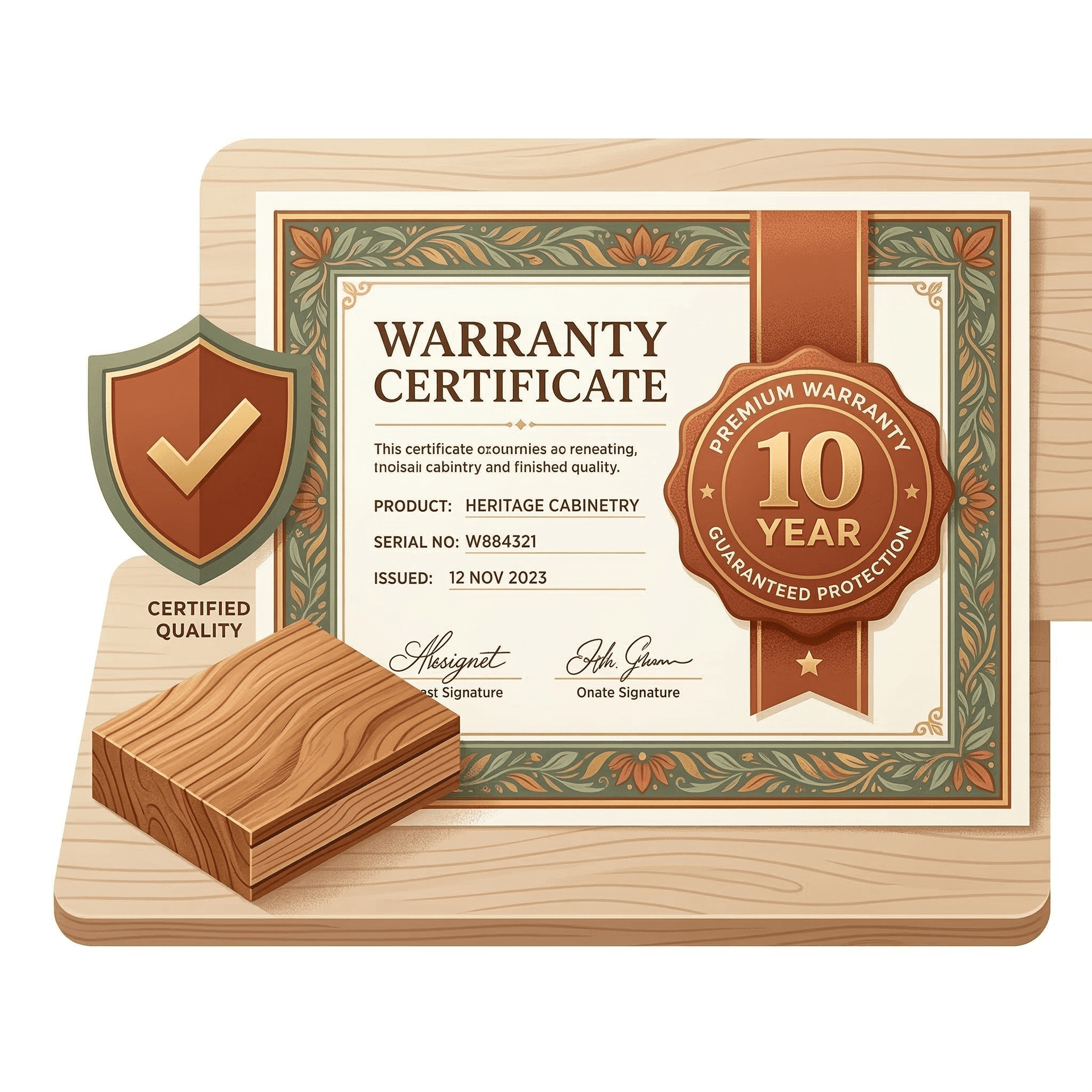 Warranty certificate with a 10-year badge beside polished wooden cabinetry