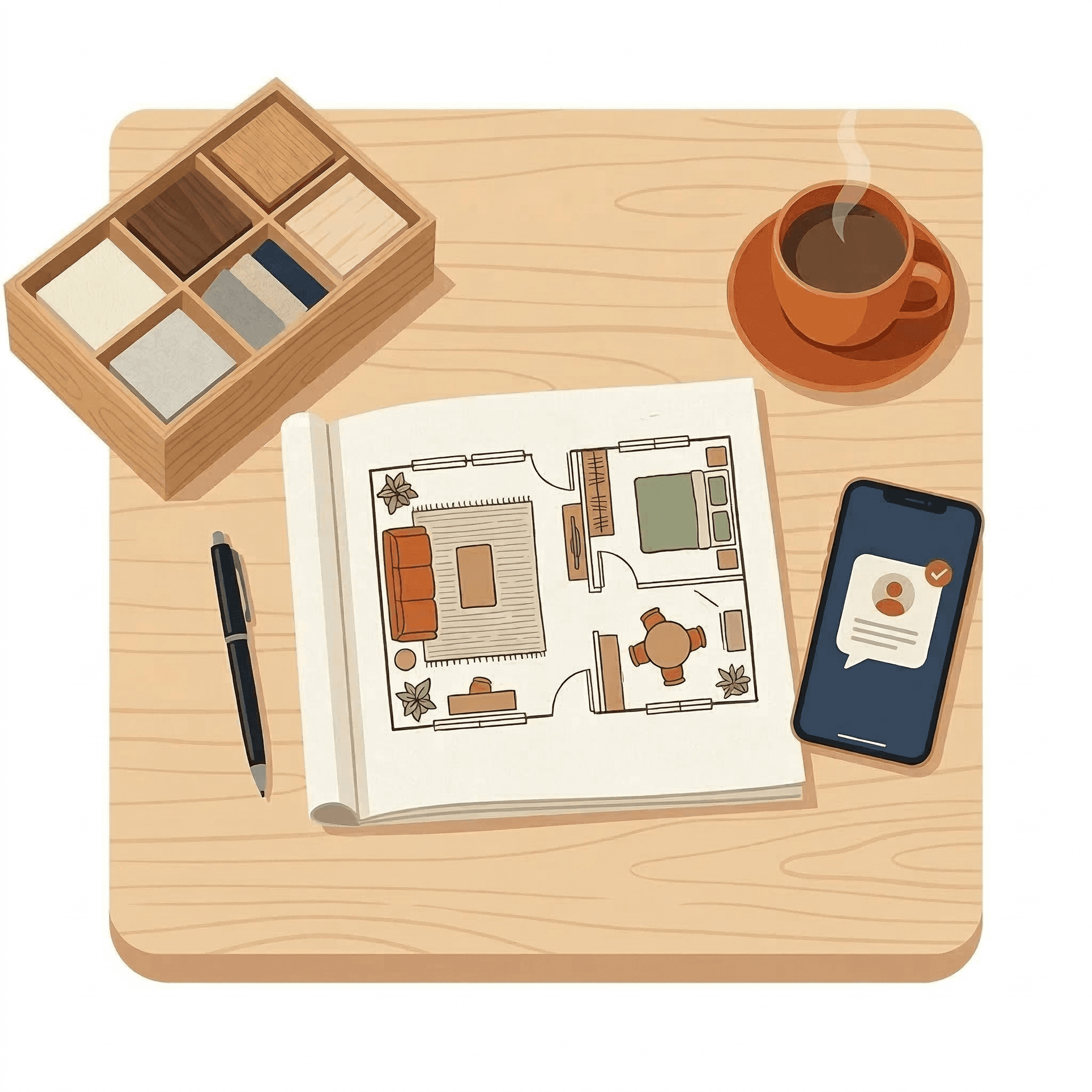 Consultation desk with a furnishing plan booklet, coffee cup, and material sample box